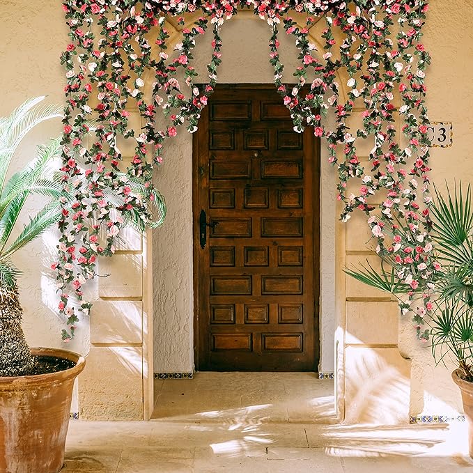 BLEUM CADE 2Pcs 16.4Ft Flower Garland Artificial Rose Vines for Bedroom, Cute Fake Hanging Flower Vines Floral Garland Decorations for Wedding Party Wall Room Decor Aesthetic