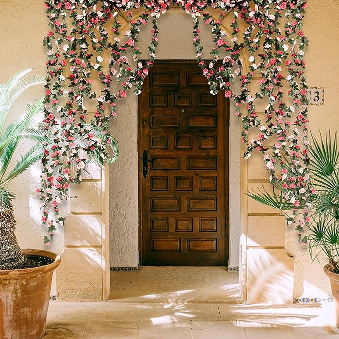 BLEUM CADE 5 Pcs 41Ft Flower Garland Artificial Rose Vines with 5 Pcs 34.5Ft Fake Ivy Vines, Hanging Fake Flower Vines for Wedding Party Valentines Day Christmas Wall Room Decor Aesthetic