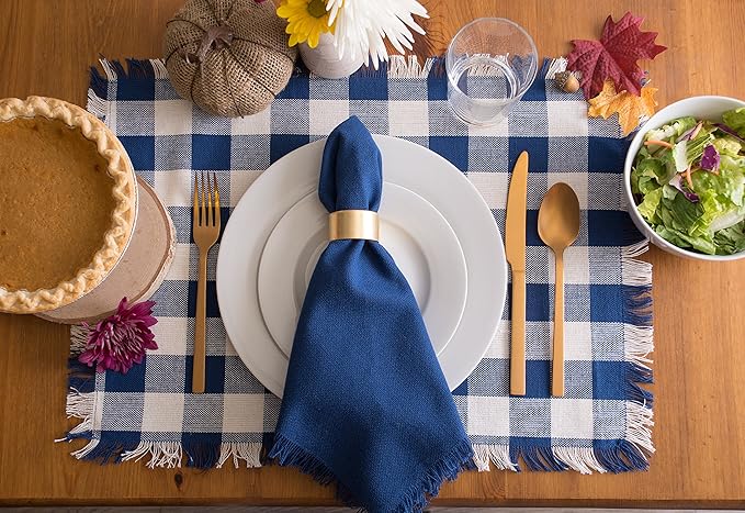 DII Heavyweight Fringed Check Tabletop Collection, Placemat Set, 13x19, Navy, 6 Piece