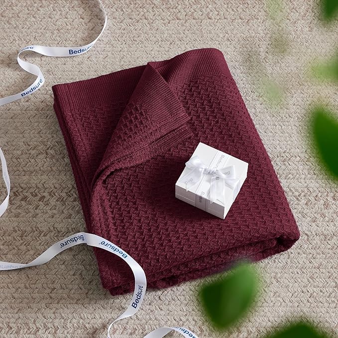 Bedsure 100% Cotton Blanket King Size for Bed - Breathable and Soft, Waffle Weave Blanket for Summer Spring, Burgundy Red, 104x90 inches