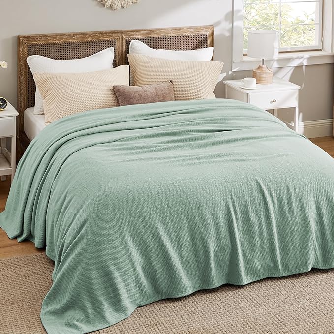 Bedsure 100% Cotton Blanket King Size for Bed - Breathable and Lightweight, Soft Cozy Textured Herringbone Woven Blanket for Summer, Sage Green, 108x90 inches