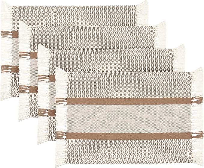 Sticky Toffee Cotton Placemats Set of 4 – Tan Woven 14x19 in Table Mats for Kitchen or Dining Table, Boho Style, Washable Cloth Placemats
