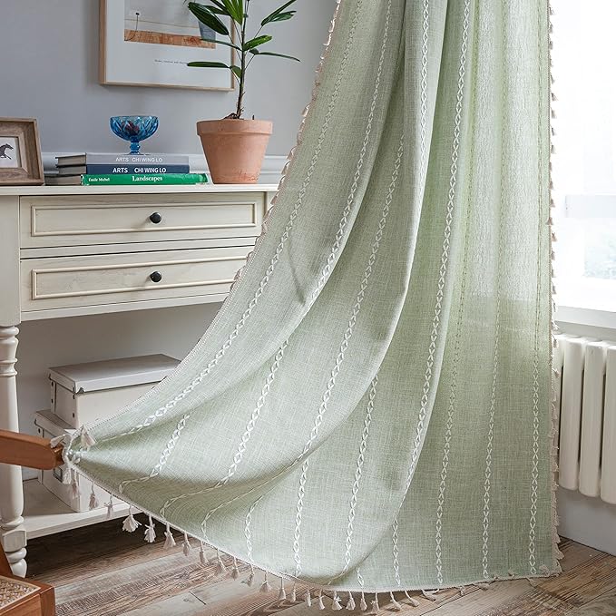 Sutuo Home Sage Green Boho Curtains for Bedroom Living Room, Semi Blackout Chic Farmhouse Country Tassels Window Treatment Bohemian Embroidery Drape for Christmas, Rod Pocket 1 Panel 52" W x 90" L
