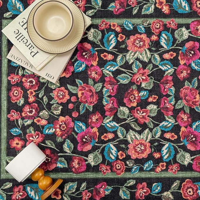Black Area Rug 6x9 Washable Living Room Non Slip Bedroom Soft Floral Indoor Carpet Vintage Low Pile Accent Throw Rug for Office Dining Room Nursery Farmhouse