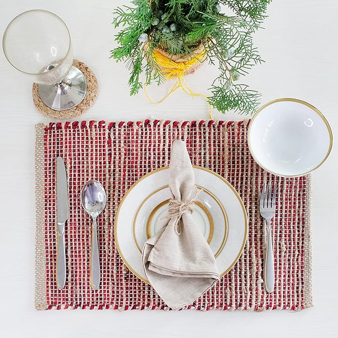 Chardin home | Natural Jute Placemats Set of 4 | 13x19 Inch. Rustic Farmhouse Place mats | Table mats Colors - Natural Jute and Red