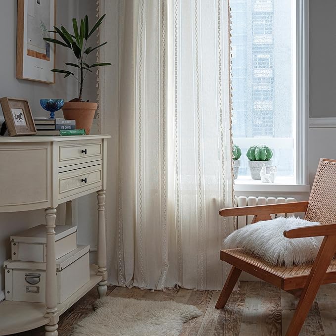 Sutuo Home Boho Curtains for Bedroom Living Room 84 Inches Long, Semi-Blackout Rustic Country Linen Embroidery Vintage Chic Tassels Hollow Window Treatment Bohemian Drape, 1 Panel 52" W x 84" L, Ivory