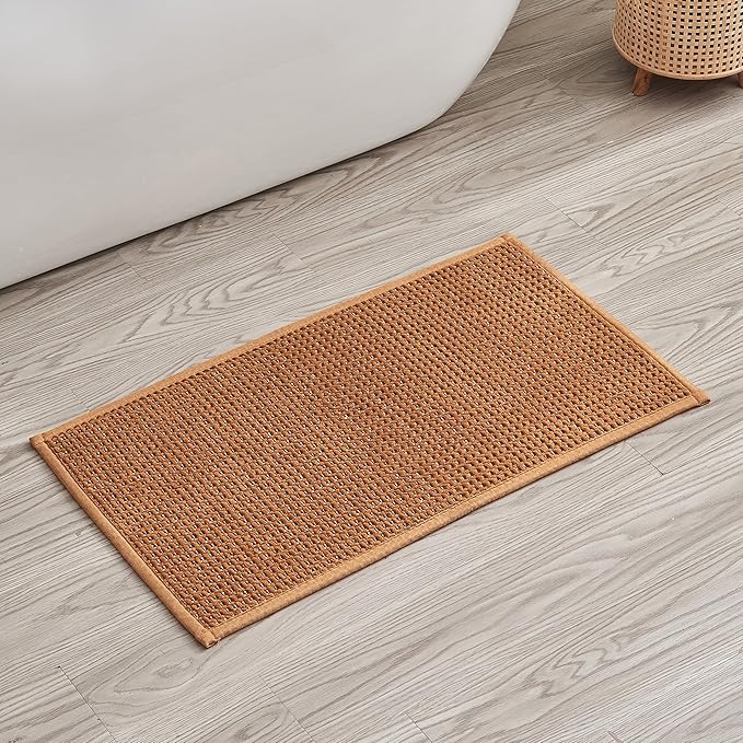Douceur Chenille Waffle mat with Patented noslip Backing, Acrylic Blend Chenille Absorbent Bathroom Rugs, Cushioned mesh Backed Bath Rug Machine Washable, 18" x 32", Brown
