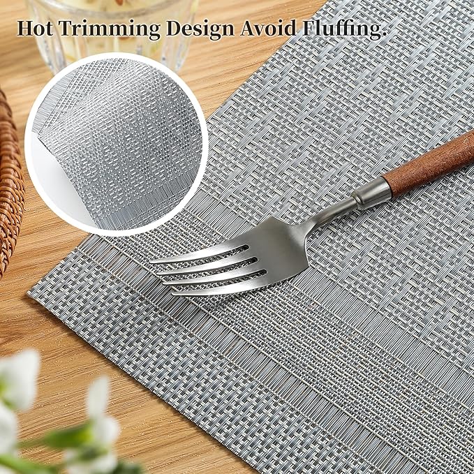 Leetaltree Lunar Grey Placemats Set of 6 - Heat Resistant Non-Slip Place mats for Dining Table, Washable Durable PVC Vinyl Woven Table Mats(Lunar Grey, 6)