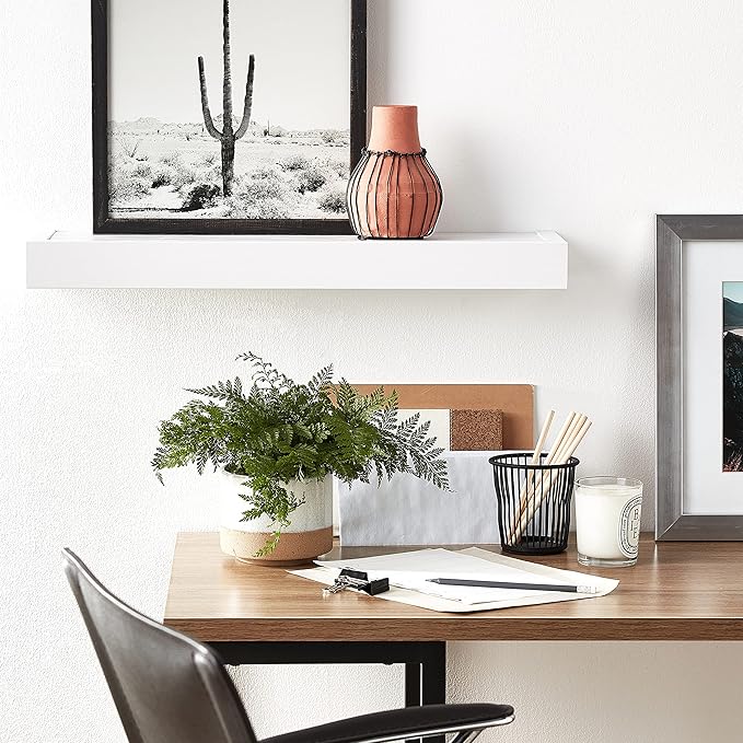 HIGH & MIGHTY 515657 Modern 24" Floating Shelf Holds up to 20lbs, Easy Tool-Free Dry Wall Installation, Flat, eCommerce Packaging, White
