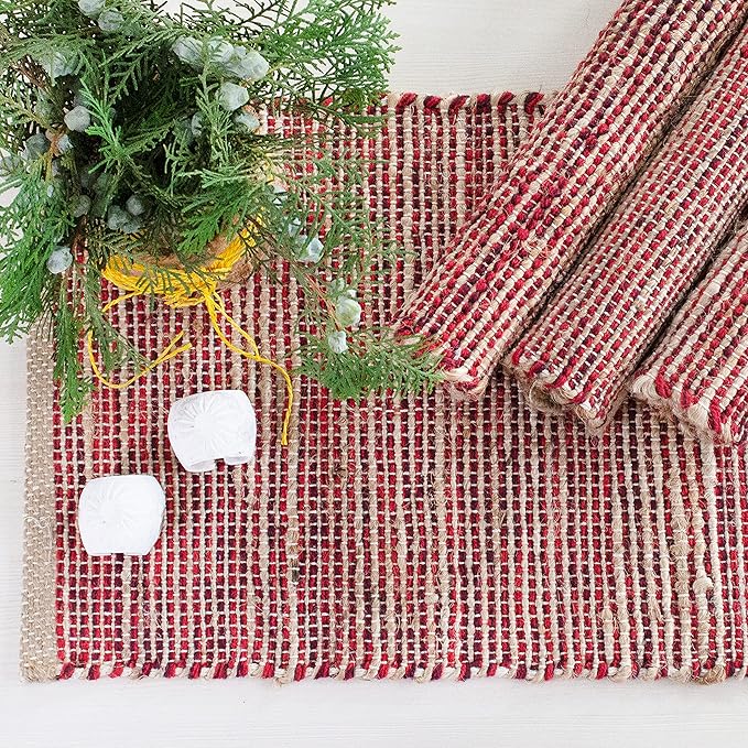 Chardin home | Natural Jute Placemats Set of 4 | 13x19 Inch. Rustic Farmhouse Place mats | Table mats Colors - Natural Jute and Red
