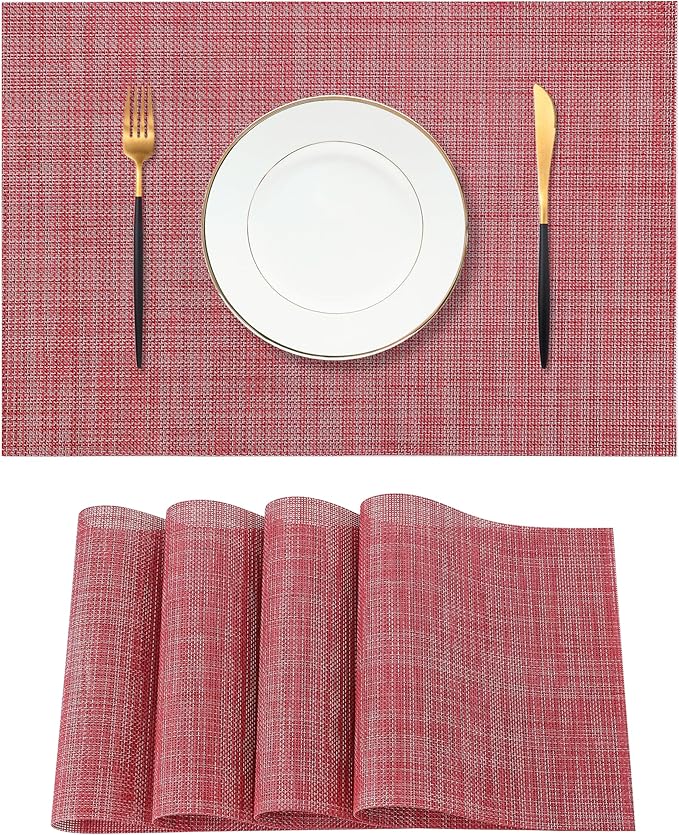 Leetaltree Red Placemats Set of 4 - Heat Resistant Non-Slip Place mats for Dining Table, Washable Durable PVC Vinyl Woven Table Mats(Red, 4)