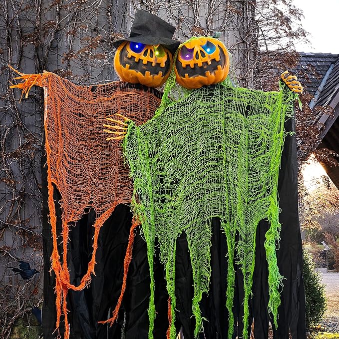 FUNPENY 2 Pack 5.2' Hanging Ghost Pumpkin with Bendable Arms, Halloween Skeleton Pumpkin Decorations with Color Changing Lighted Eyes for Halloween Party Lawn Outdoor Indoor Decor
