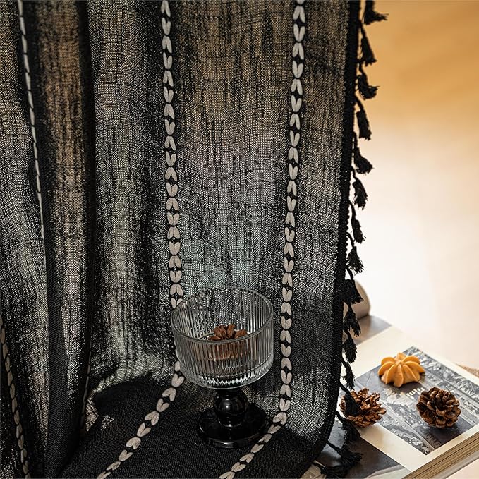 Sutuo Home Door Curtains for Doorway, Bohemian Semi Blackout Curtains Privacy Embroidery Stripes Decor for Temporary Room Dividers Bedroom Living Room, Rod Pocket 1 Panel 37" W x 80" L, Black