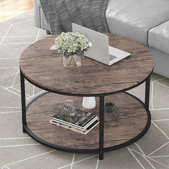 NSdirect Round Coffee Table, 27.6" Small Wood Coffee Table for Living Room, Rustic Modern Farmhouse Style, 2-Tier Storage Shelf Compact Space-Saving Design for Small Spaces, Walnut