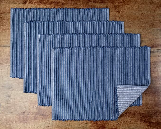 Sticky Toffee Woven Cotton Placemats Set of 4, Blue Ribbed 14 x 19 in, Washable Table Mats for Kitchen or Dining Table