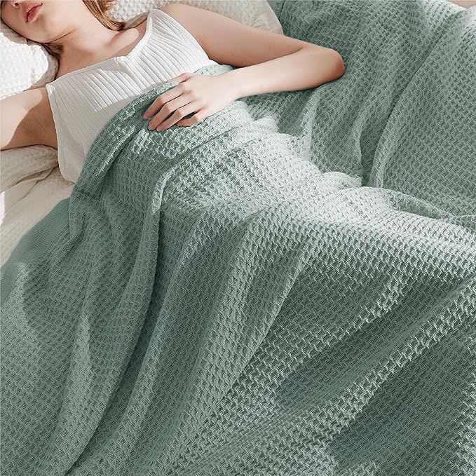 Bedsure 100% Cotton Blanket Queen Size for Bed - Breathable and Soft, Waffle Weave Blanket for Summer Spring, Sage Green, 90x90 Inches