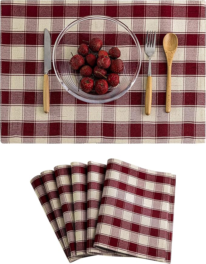 Home Brilliant Red Placemats Set of 6 Farmhouse Buffalo Plaid Table Mats Heat Resistant Dining Dinner Place Mats for Kitchen Table Dinner Mats, 13 x 19 inches, Checker, Crimson