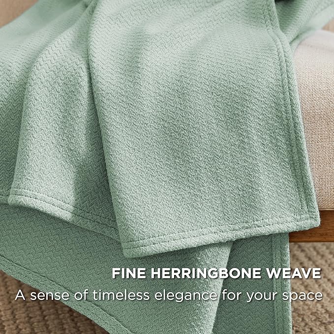 Bedsure 100% Cotton Blanket King Size for Bed - Breathable and Lightweight, Soft Cozy Textured Herringbone Woven Blanket for Summer, Sage Green, 108x90 inches