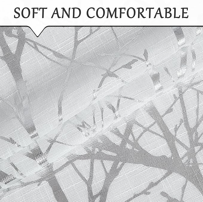 FMFUNCTEX Linen Semi Sheer Curtains for Living Room & Bedroom, Silver Metallic Print White Tree Panel, Light Filtering 84" Long Grommet Top 2 Panels
