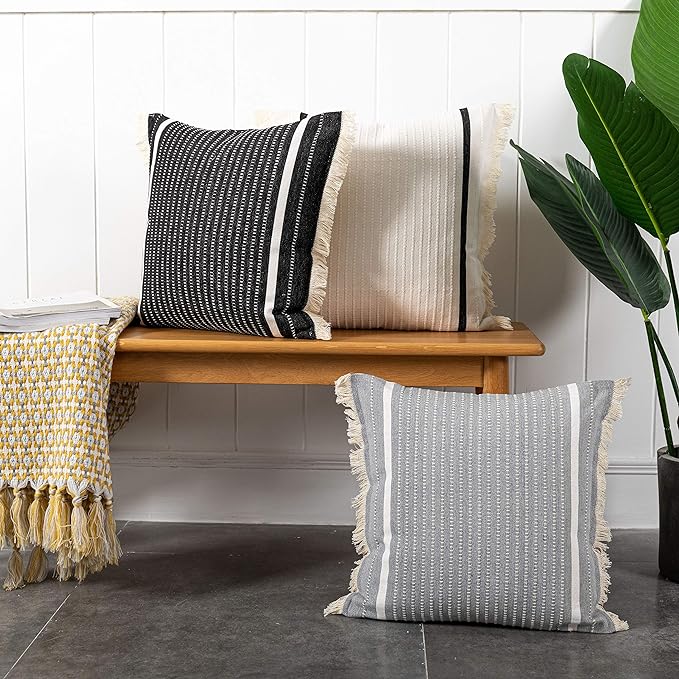 OJIA Modern Throw Pillow Cover with Tassels, Decorative Liana Fringe Accent Cushion Case, Farmhouse Woven Pillowcase for Sofa Chair Couch Bed Decor (Lumbar 18 x 18 Inches, Grey)