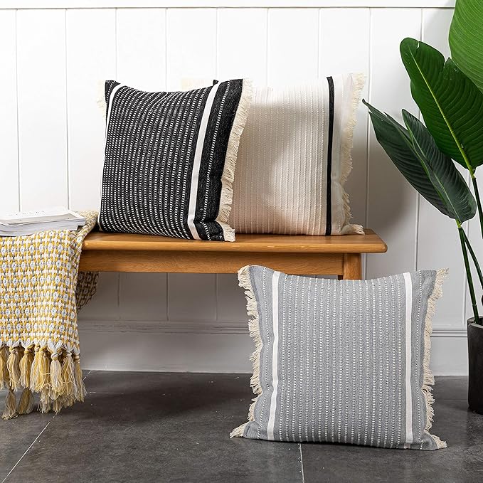 OJIA Modern Throw Pillow Cover with Tassels, Decorative Liana Fringe Accent Cushion Case, Farmhouse Woven Pillowcase for Sofa Chair Couch Bed Decor (Lumbar 20 x 20 Inches, Grey)