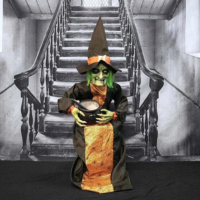 Haunted Hill Farm Sitting and Talking Witch Halloween Animatronic with Moving Mouth and Light-Up Mini Cauldron for Scary Halloween Decorations, Spooky Halloween Props, Perfect for Tabletop