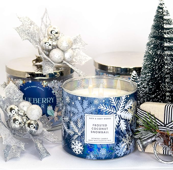 White Barn Bath and Body Works, 3-Wick Candle w-Essential Oils - 14.5 oz - 2020 Holidays Scents (Frosted Coconut Snowball), White Soy Wax, Blue and White Jar Print, Gold Lid, Transparent Glass