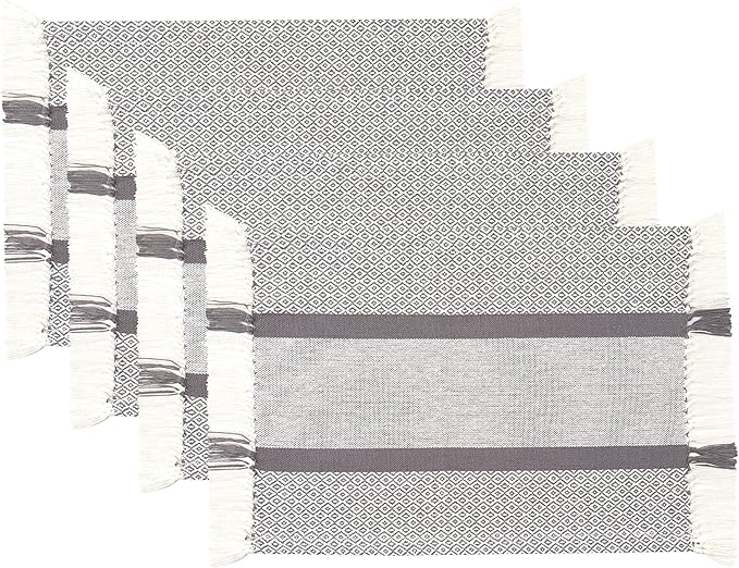 Sticky Toffee Cotton Placemats Set of 4 – Gray Woven 14x19 in Table Mats for Kitchen or Dining Table, Boho Style, Washable Cloth Placemats