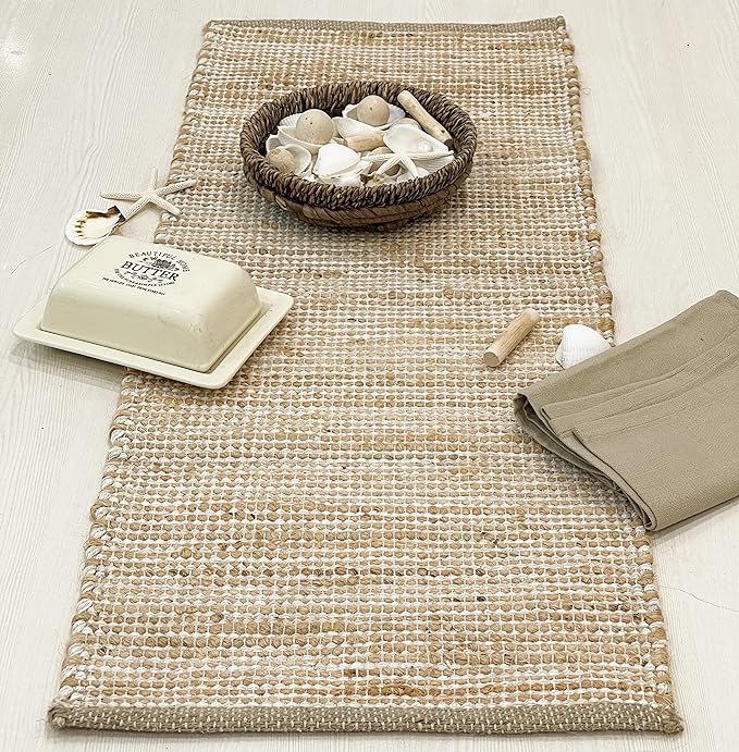 Chardin home Natural Jute Table Runner 13x36 Inch – Vintage Boho Rustic Table Decor – Handwoven Jute Table Runner in Natural and Ivory – Farmhouse Dining or Console Table Accent