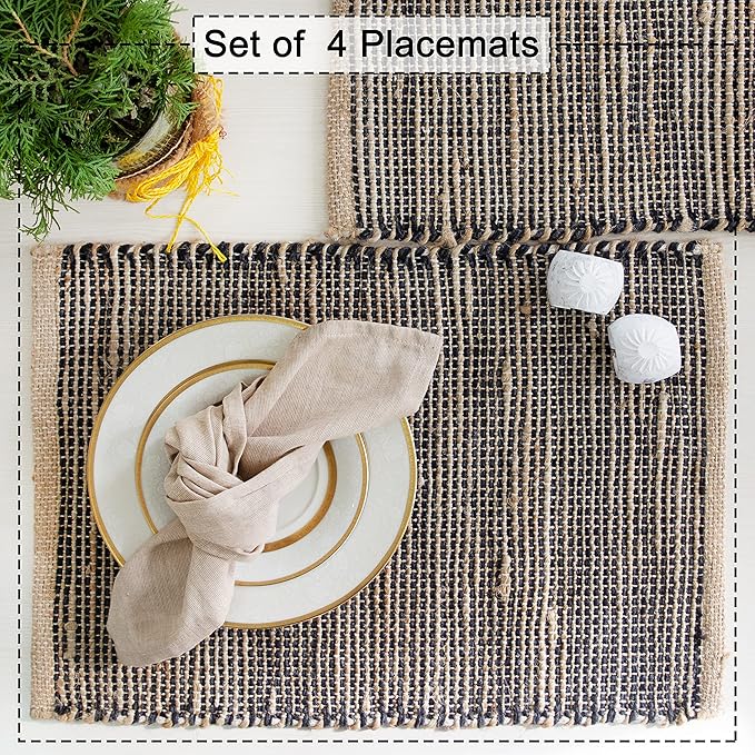 Chardin home | Natural Jute Placemats Set of 4 | 13x19 Inch Rustic Farmhouse Place mats | Table mats Colors - Natural Jute and Black Charcoal.