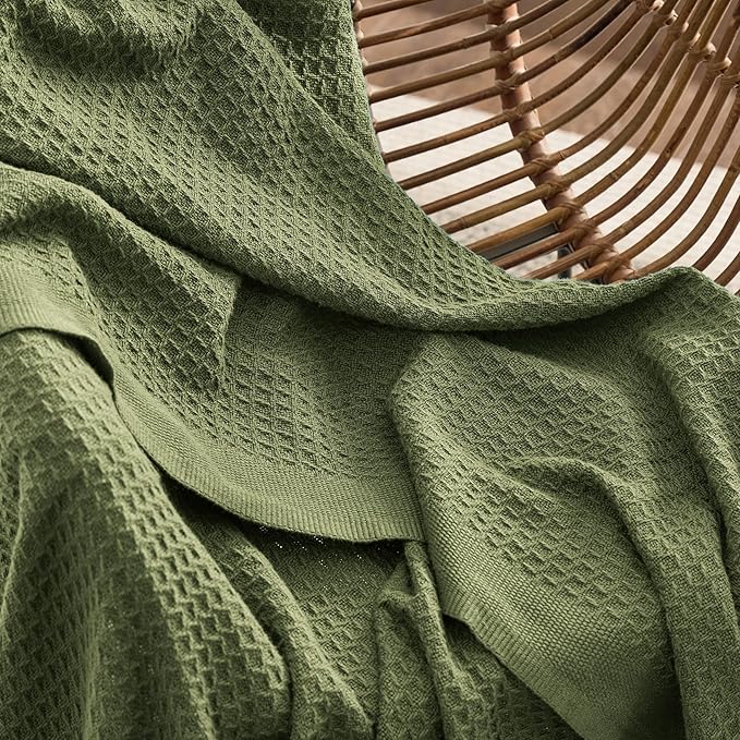 Bedsure 100% Cotton Large Blanket Oversized King for Bed - Breathable Waffle Weave Blanket for Summer Spring, Couch Cover, Olive Green, 120x94 inches
