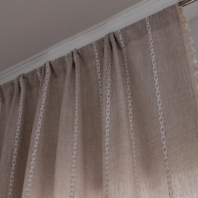 Sutuo Home Boho Curtain for Bedroom 84 Inch Length, Light Filtering Farmhouse Vintage Shabby Chic Tassels Window Treatment Bohemian Embroidery Drape, Rod Pocket 1 Panel 52" W x 84" L, Taupe