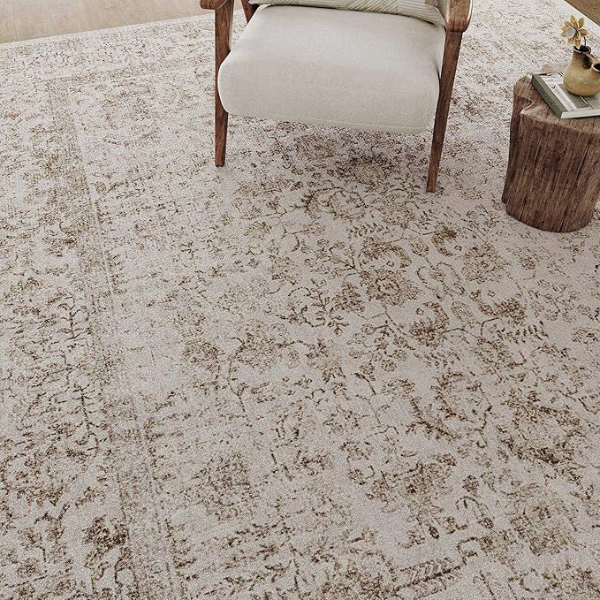 Light Brown Area Rug 4x6 Office Entryway Rug Machine Washable Kitchen Vintage Distressed Non Slip Carpet Indoor Retro Floral Accent Throw Door Mat for Bathroom Bedroom Dining Living Room