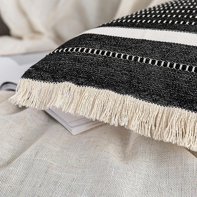 OJIA Modern Throw Pillow Cover with Tassels, Decorative Liana Fringe Accent Cushion Case, Farmhouse Woven Pillowcase for Sofa Chair Couch Bed Decor (Lumbar 20 x 20 Inches, Black)