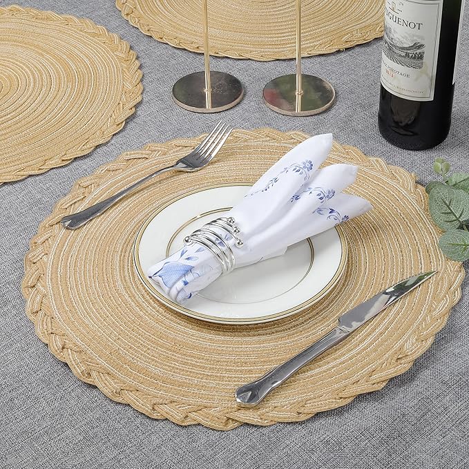 fanquare Round Woven Placemats with Braided Lace Edge 4 Pack Heat Resistant Non Slip Table Mats for Kitchen 15 Inch Cotton Blend Rustic Placemat