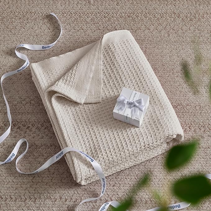 Bedsure 100% Cotton Large Throw Blanket for Couch 50x70 inches - Breathable and Soft, Waffle Weave Throw Blanket for Office, Khaki (a Little Bit Yellow)