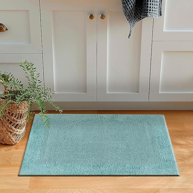 Savi Home Bath Mat Rug 17x24 Aqua Blue, 100% Pure Cotton, Super Soft White, Plush & Absorbent, Hand Tufted Heavy Weight Construction, Full Reversible Step Out Rugs