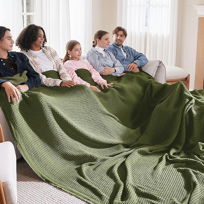 Bedsure 100% Cotton Large Blanket Oversized King for Bed - Breathable Waffle Weave Blanket for Summer Spring, Couch Cover, Olive Green, 120x94 inches