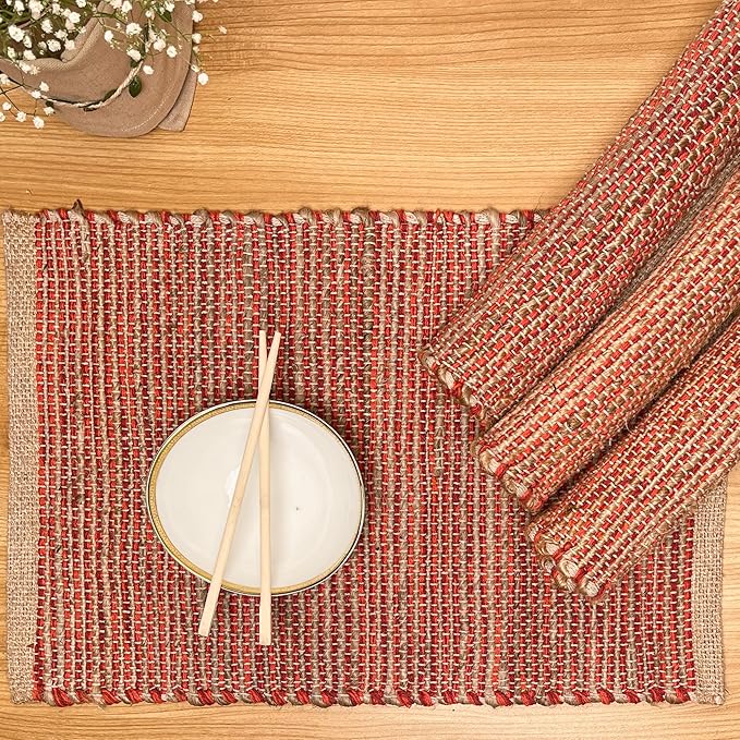 Chardin home Natural Jute - Ombre Rust Orange Placemats, Set of 4 13x19 Inch Table Mats, Rustic Handmade Boho Placemat, Perfect for Holidays, Dinner Parties and Also Everyday Meals