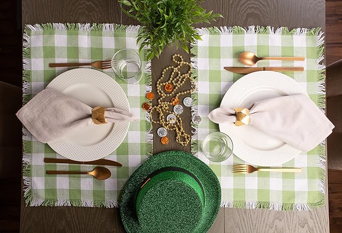 DII Heavyweight Fringed Check Tabletop Collection, Placemat Set, 13x19, Bright Green, 6 Piece