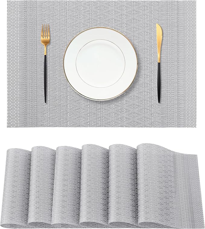 Leetaltree Lunar Grey Placemats Set of 6 - Heat Resistant Non-Slip Place mats for Dining Table, Washable Durable PVC Vinyl Woven Table Mats(Lunar Grey, 6)