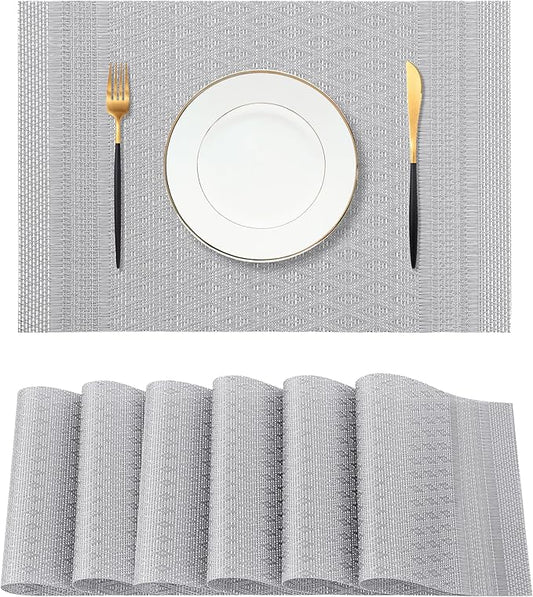 Leetaltree Lunar Grey Placemats Set of 6 - Heat Resistant Non-Slip Place mats for Dining Table, Washable Durable PVC Vinyl Woven Table Mats(Lunar Grey, 6)
