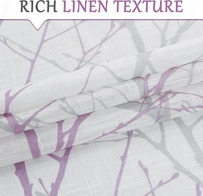 FMFUNCTEX Linen Semi Sheer Curtains for Bedroom, Lilac White Curtains 63 Inches Long for Living Room, Grey Tree Branch Patterned Curtain Light Filtering Farmhouse Window Drapes, Grommet Top 2 Panels