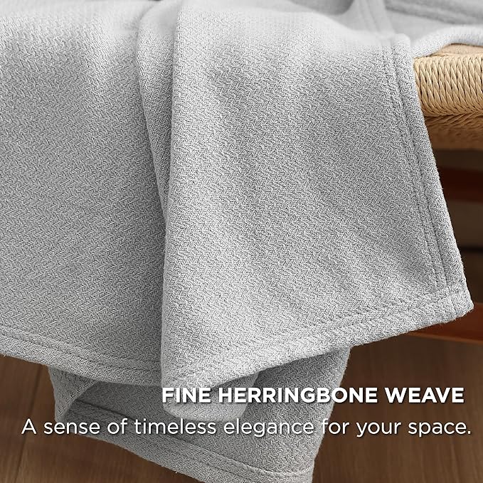 Bedsure 100% Cotton Large Blanket Oversized King for Bed 120x94 inches - Breathable Soft Cozy Herringbone Woven Blanket for Summer, Couch Cover, Grey