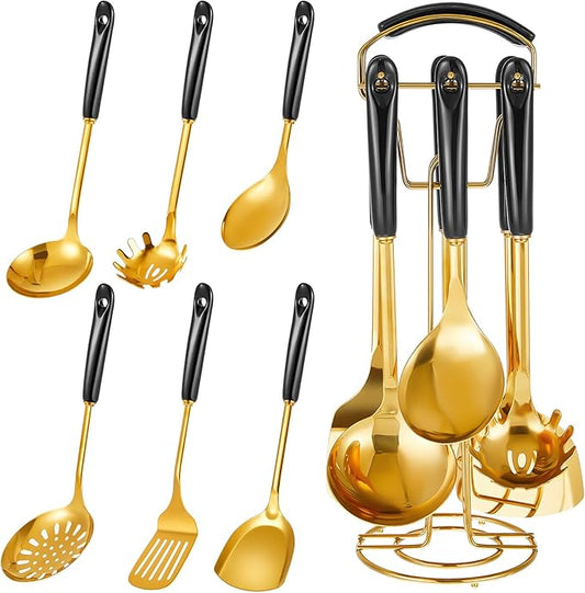 Black and Gold Cooking Utensils Set – 7-Piece Stainless Steel & Ceramic Handle Kitchen Tool Collection