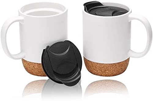 Coffee Mug Set of 2, 15 OZ Large Coffee Mugs with Handle for Tea, Ceramic Mug with Cork Bottom and Lid, Coffee Cups for Women and Men (White)