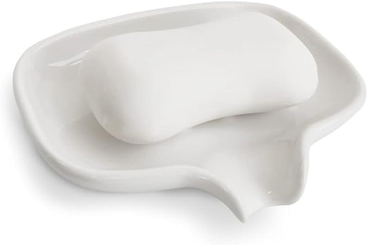 Multi-Color Ceramic Soap Dish for Kitchen or Bathroom, Easy to Clean, Self Draining Soap Holder, Keeps Soap Dry (White)