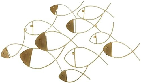 Bellaa School of Fish Modern Metal Wall Art Golden Coastal Nautical Beach Boat home Decor Outdoor Indoor Hanging Sculpture Metal Wood 38 x 22 inch