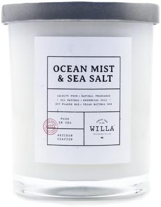 Willa Ocean Mist & Sea Salt Highly Scented Candle - All Natural Soy Wax Luxury Candles Made in The USA with Essential Oils - Best for a Home/Aromatherapy/Gift/Spa/Bathroom 9oz Jar Candle