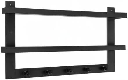 Danya B 2-Tier Ledge Wall Shelf Organizer with Five Hanging Coat or Towel Hooks - Perfect for Entryway or Bathroom (Black)